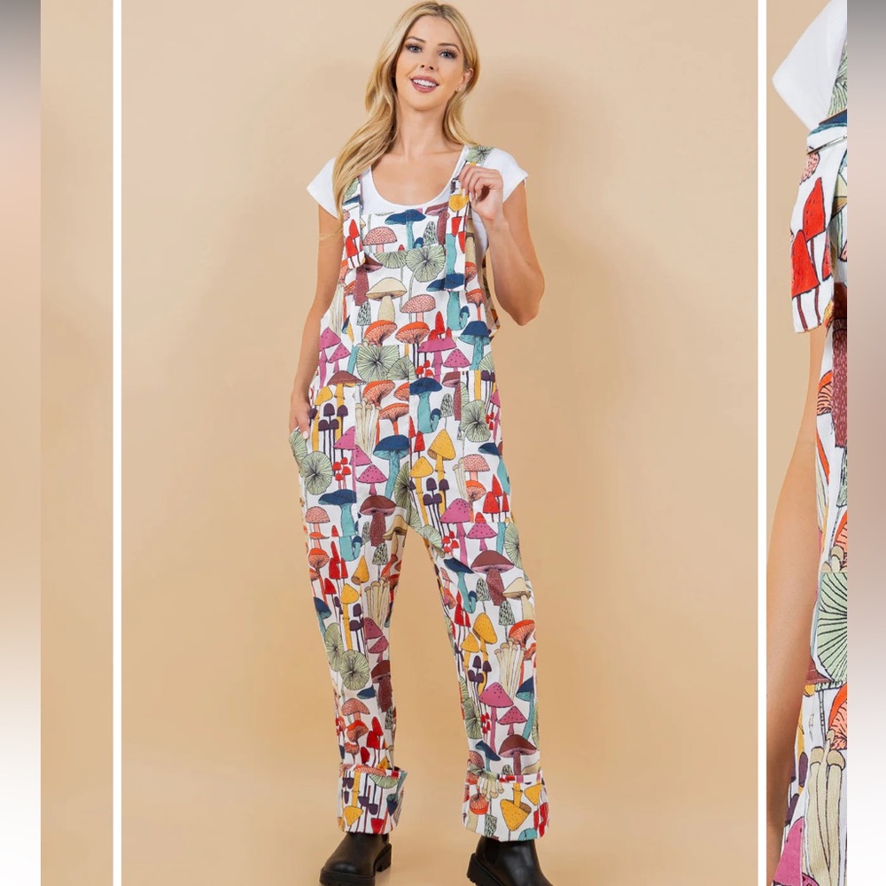 Corduroy printed mushroom overalls with front and side pockets!